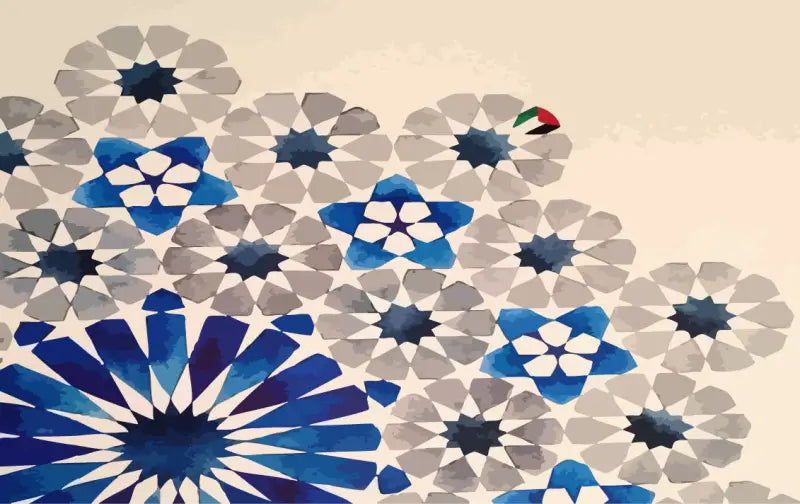 Motif floral géométrique bleu et gris avec un petit détail rouge et vert en haut à droite.