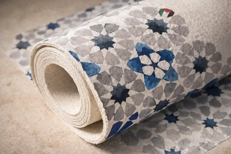 Un papier peint beige roulé orné d’un motif géométrique avec des motifs en forme d’étoiles bleus et gris.