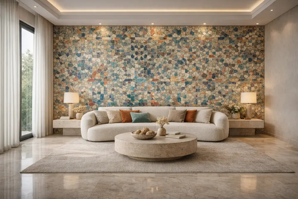 Canapé rembourré beige aux bords arrondis et garni de multiples coussins décoratifs dans des tons terreux.