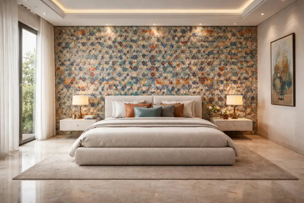 Lit capitonné beige avec un design moderne à profil bas et des oreillers assortis dans des tons de marron et de turquoise.