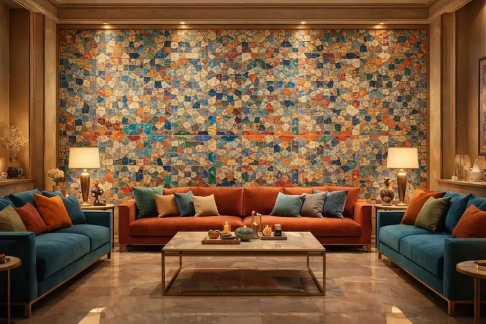 Canapé en velours orange avec plusieurs coussins décoratifs dans des couleurs assorties