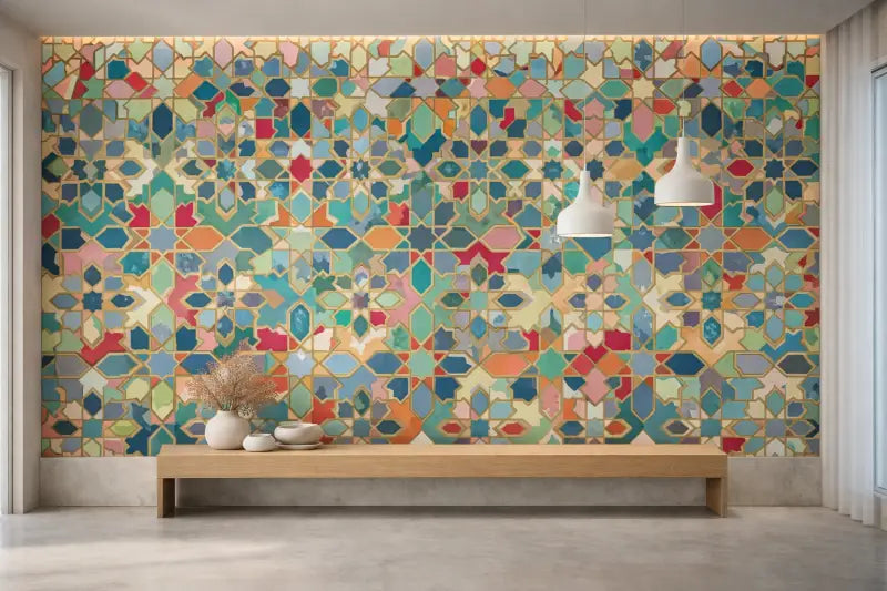 Panneau mural de mosaïque géométrique vibrante avec des motifs d’étoiles et de diamants intricés en teal, corail, or et pastels atténués.