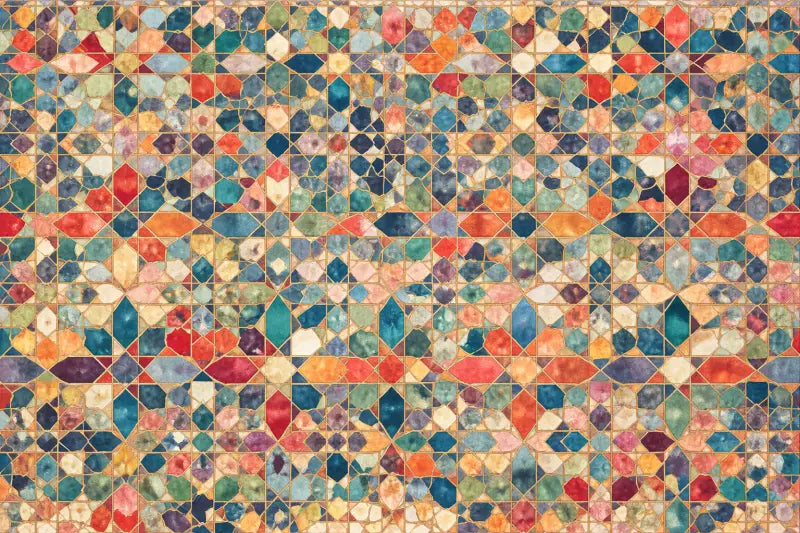 Un motif de carrelage en mosaïque vibrant mettant en vedette des formes géométriques dans des bleus, rouges, verts riches et or.