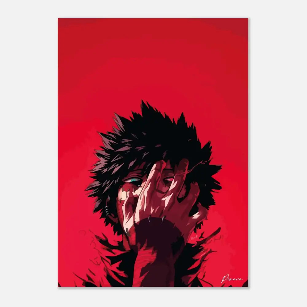 Un portrait anime stylisé d’un personnage aux cheveux noirs hérissés et un œil vert visible, sur un fond rouge uni.