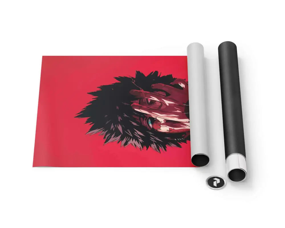 Affiche rouge mettant en scène un personnage d’anime stylisé noir et rouge aux cheveux en pics sur un fond cramoisi vibrant.