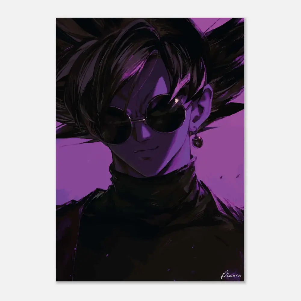 Impression de portrait anime aux tons violets mettant en scène un personnage aux cheveux noirs hérissés, lunettes de soleil rondes foncées et une boucle d’oreille.