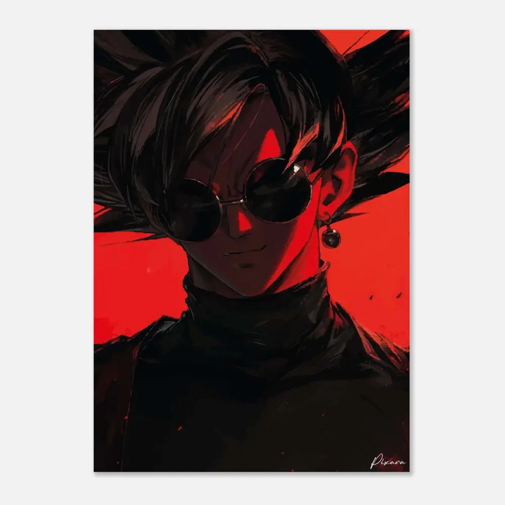 Un portrait anime frappant en impression mettant en scène un personnage aux cheveux noirs hérissés, des lunettes de soleil rondes foncées et une boucle d’oreille sur un fond rouge audacieux.