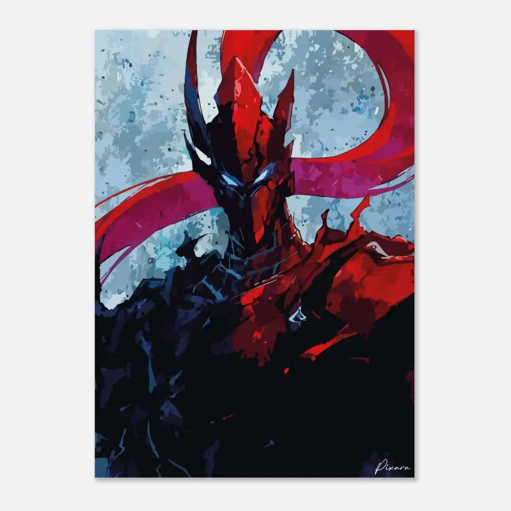 Un guerrier blindé frappant en rouge et noir avec des yeux bleus luisants, représenté dans une pose dynamique sur un arrière-plan texturé de tourbillons de teintes cramoisies et grises.