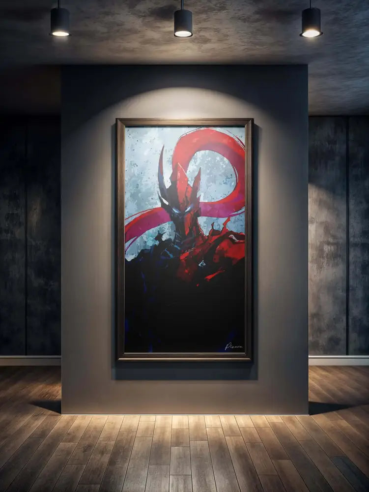 Une œuvre d’art encadrée représentant une figure stylisée en armure rouge et noire avec des yeux lumineux sur un fond texturé bleu, enfermée dans un cadre en bois sombre simple.