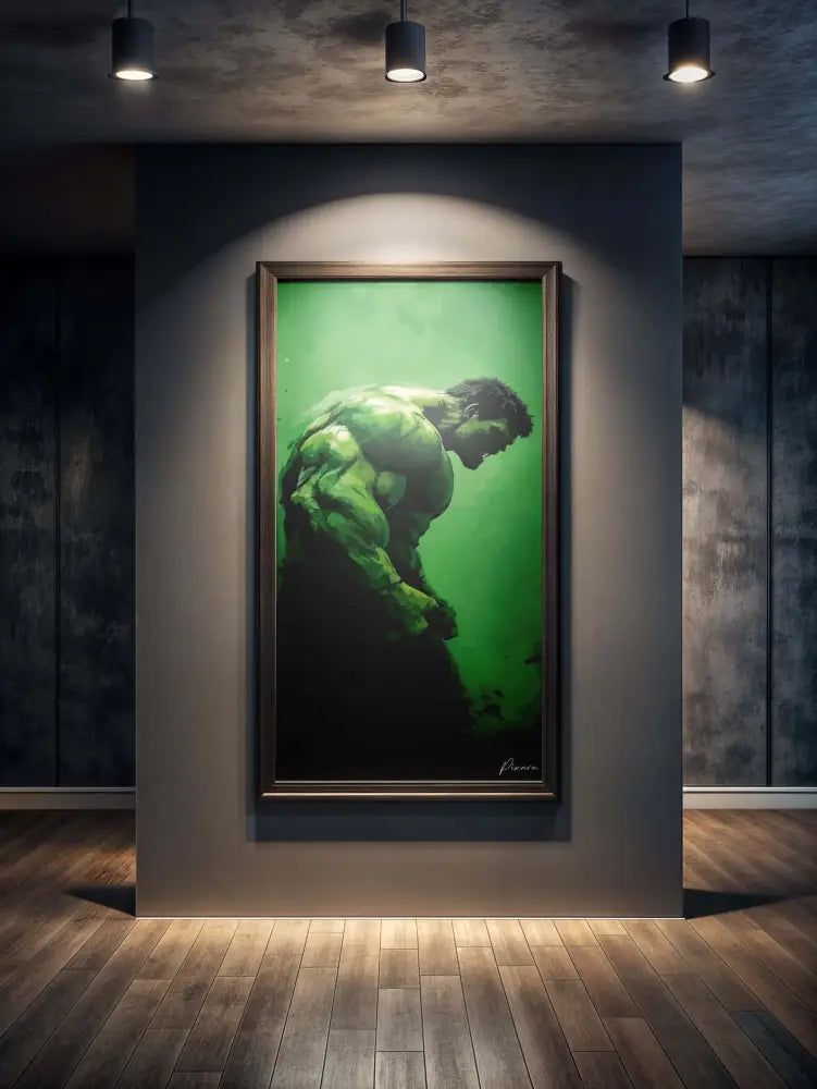 Une œuvre d’art encadrée représentant le Hulk à peau verte dans une pose musculaire accroupie sur un fond dégradé vert.