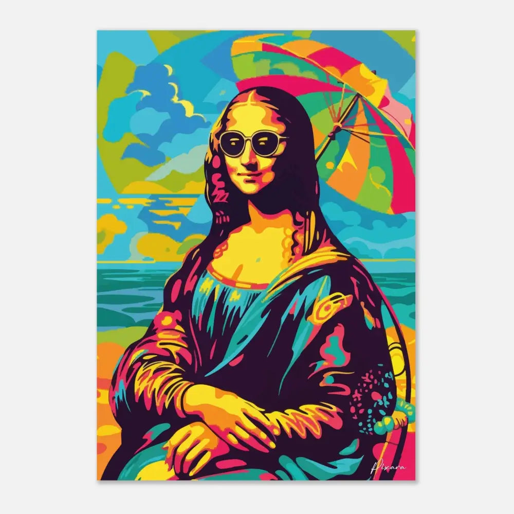 Impression pop-art vibrante de la Joconde portant des lunettes de soleil et tenant un parapluie arc-en-ciel, rendue en couleurs néon audacieuses avec des coups de pinceau stylisés.