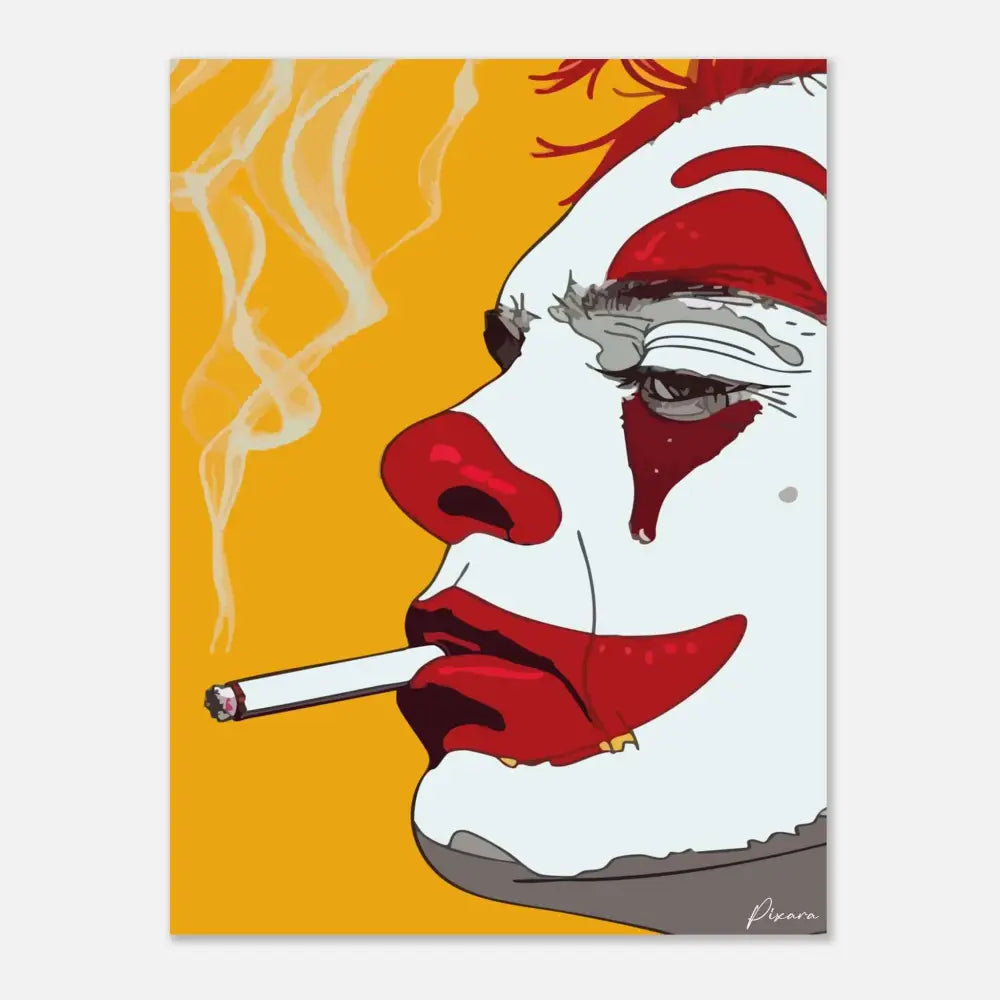 Une illustration stylisée d’un clown en train de fumer, présentant un maquillage audacieux rouge et blanc sur un fond jaune vibrant.