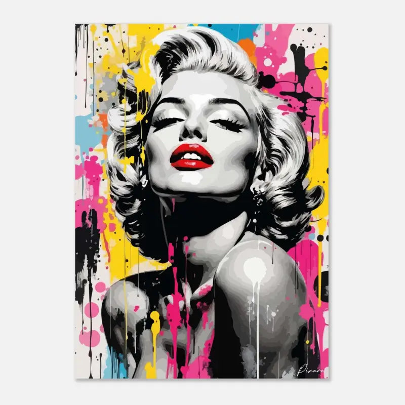 Portrait vibrant en art pop de Marilyn Monroe avec des lèvres rouges audacieuses et des traits en noir et blanc sur un fond coloré d’éclaboussures de peinture jaune, rose et bleu qui coulent.