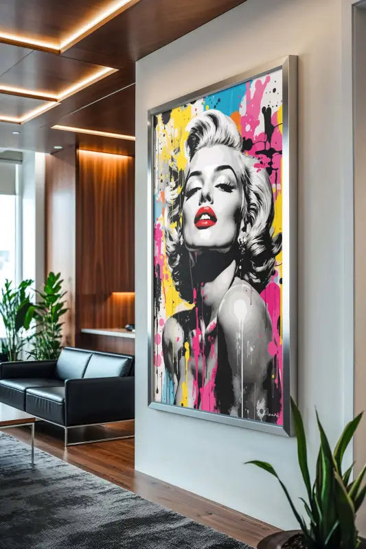 Un portrait pop-art vibrant de Marilyn Monroe sur une toile encadrée d’argent, présentant des éclaboussures audacieuses de rose et de jaune sur son visage monochrome avec des lèvres rouges frappantes.