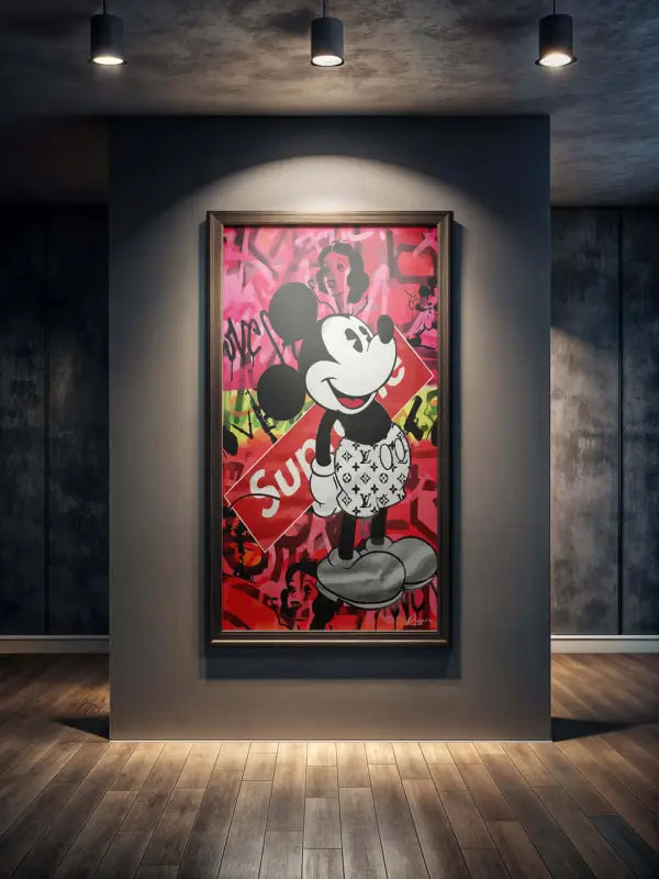 Une œuvre d’art vibrante de Mickey Mouse dans un style graffiti, dans un cadre noir, mettant en vedette des teintes audacieuses de rouge et de rose avec des accents blancs et gris.