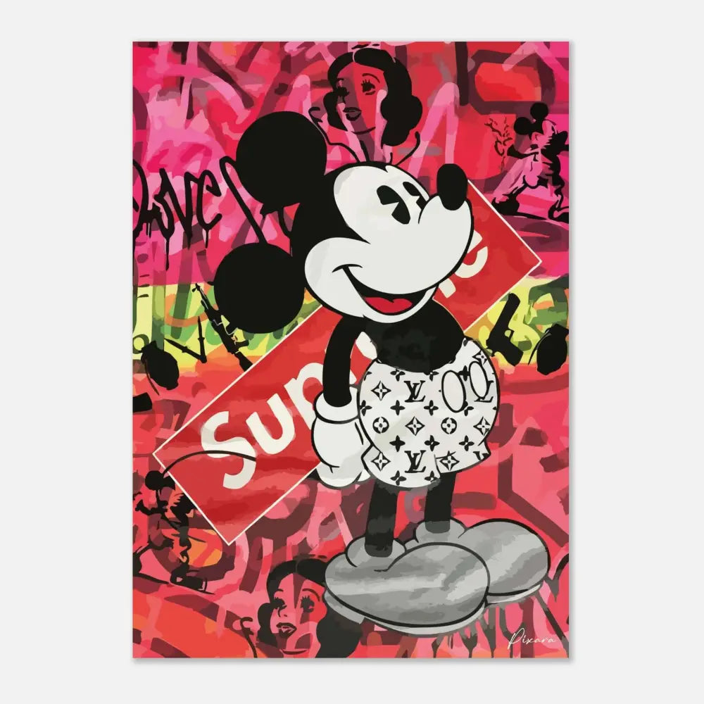 Mickey Mouse portant un short blanc avec un motif monogramme Louis Vuitton noir et se tenant devant un logo Supreme rouge.