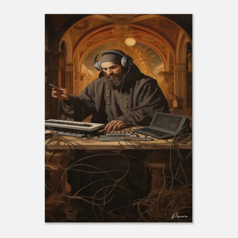 Un moine en robe marron foncé et avec des écouteurs est assis à un bureau encombré d’équipement de musique électronique, incluant un clavier blanc et un ordinateur portable.