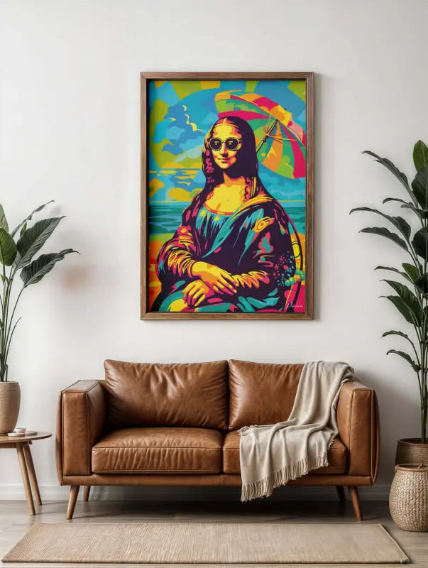 Une affiche encadrée de pop-art vibrante de la Joconde portant des lunettes de soleil et tenant un parapluie, avec des couleurs néon audacieuses sur un arrière-plan de plage tropicale.
