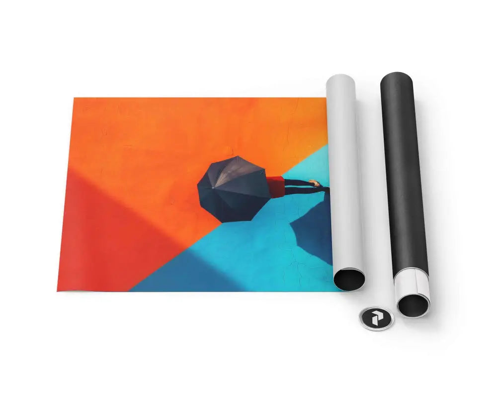 Une affiche vibrante, stylisée de manière géométrique, présentant une figure tenant un parapluie sur des arrière-plans angulaires audacieux en orange et bleu.