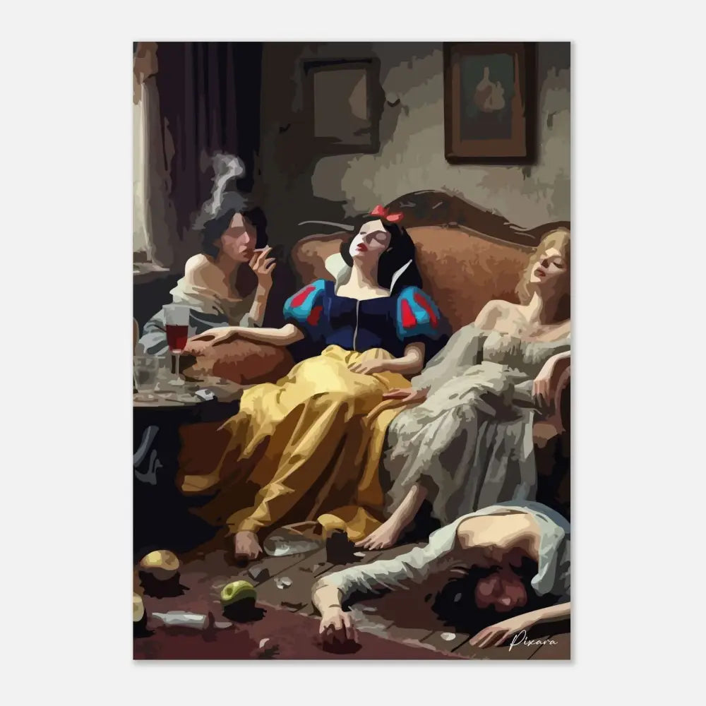 Une peinture stylisée représentant Blanche-Neige dans une pièce sombre et crasseuse avec trois autres figures autour d’elle.