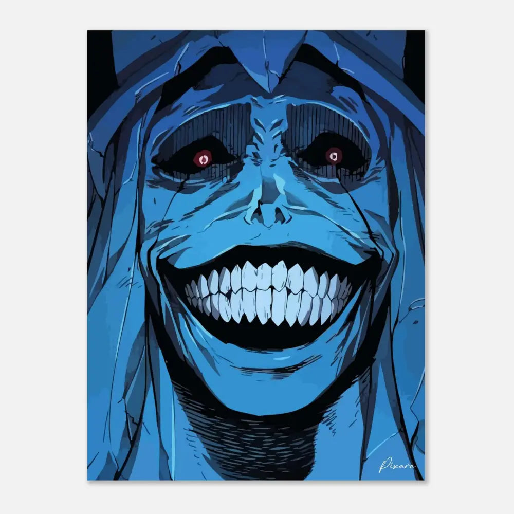 Affiche de personnage d’anime à la peau bleue avec des yeux rouges brillants et un large sourire aux dents pointues.