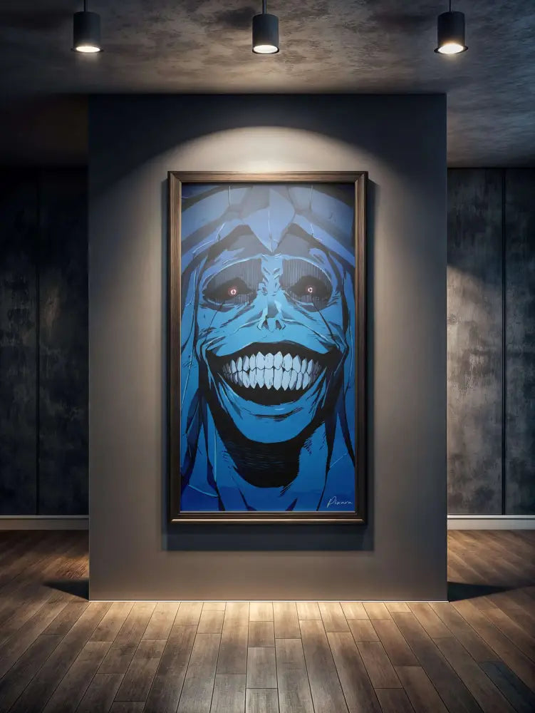 Un portrait frappant en style anime bleu d’une figure squelettique aux yeux rouges luisants et aux dents pointues, encadré dans du bois sombre.