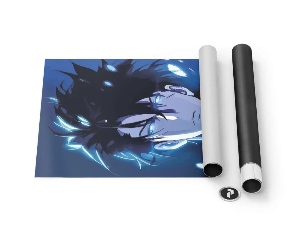 Affiche style anime bleu mettant en scène un personnage aux cheveux noirs et aux yeux bleus luminescents, imprimée sur papier lisse.