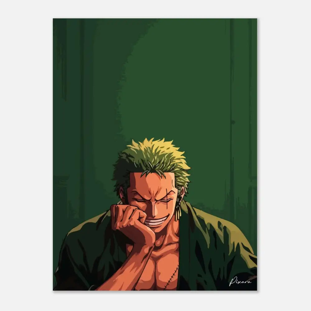 Affiche illustrée en vert et noir mettant en scène un personnage d’anime stylisé avec des cheveux blonds hérissés, portant une veste ouverte.