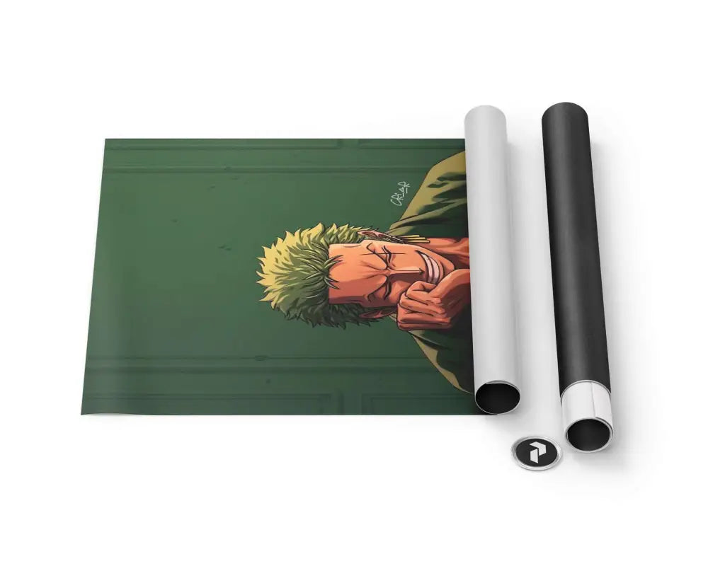 Affiche verte mettant en scène une illustration stylisée du personnage d’anime Roronoa Zoro avec des cheveux blonds hérissés et un visage orange, imprimée sur ce qui semble être du papier brillant.