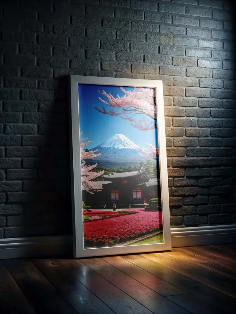 Une impression sur toile à cadre blanc élégant représentant le mont Fuji entouré de cerisiers en fleurs roses et de fleurs rouges vives, sur fond de mur en briques sombres.