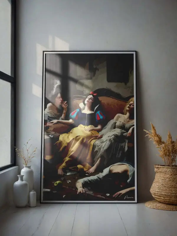 Une œuvre d’art encadrée représentant Blanche-Neige dans un style dramatique et pictural avec des couleurs riches et des textures détaillées.