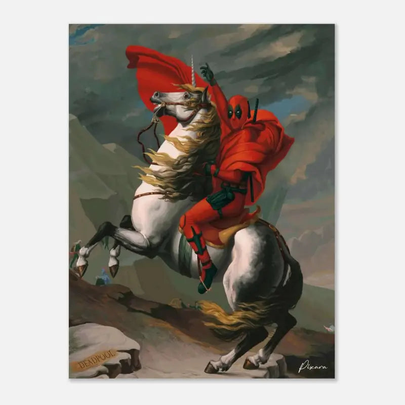Deadpool en costume rouge chevauche un licorne blanc avec une crinière et une corne dorées, représenté comme une peinture à l’huile.