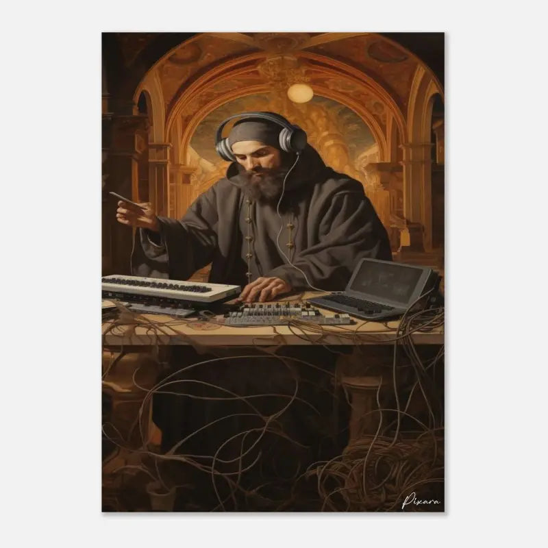 Une œuvre d’art encadrée représentant un moine barbu en robes sombres portant des écouteurs, assis à un bureau avec du matériel de musique électronique incluant un clavier et une table de mixage sous un éclairage chaud doré.