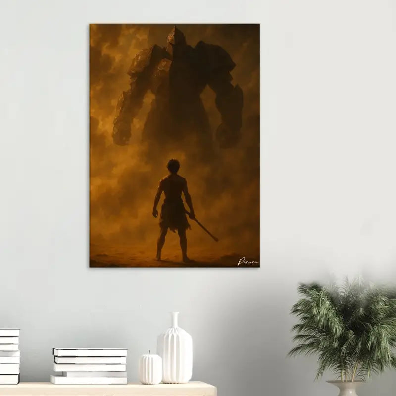 Une impression sur toile rectangulaire représentant une silhouette solitaire se tenant devant un géant mécanique massif et ombragé sous un ciel aux teintes orangées.