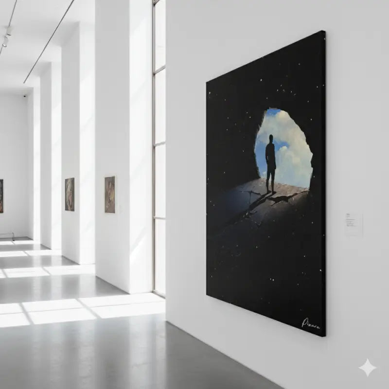 Peinture sur toile noire présentant une silhouette d’une personne debout dans une ouverture arquée sur fond de ciel nocturne étoilé avec des nuages, signée par l’artiste.