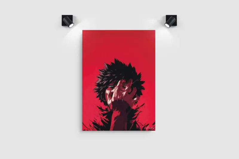 Une impression sur toile rouge frappante mettant en scène un personnage d’anime stylisé avec des cheveux noirs hérissés et un ombrage sombre et dramatique.