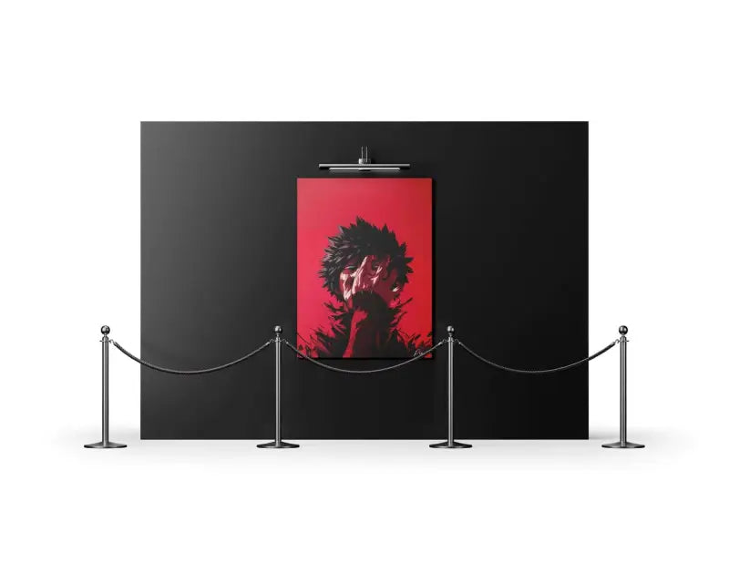 Une impression sur toile rouge frappante mettant en scène un portrait de personnage stylisé aux cheveux hérissés contre un arrière-plan noir.