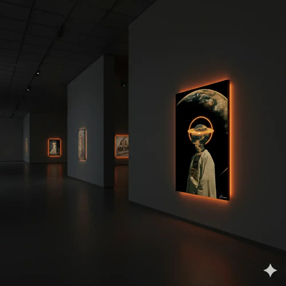 Une œuvre d’art encadrée illuminée d’une lueur orange représentant une figure avec une tête semblable à une planète et un halo, sur un fond sombre.