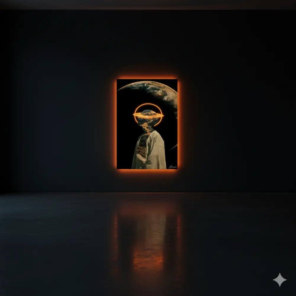 Une œuvre d’art encadrée d’orange luminescent représentant une figure avec la Terre et une aurore au-dessus de sa tête.