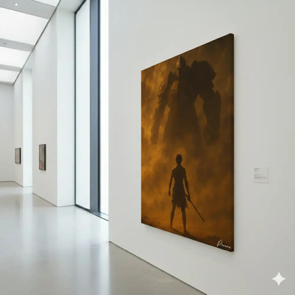 Une peinture à l’huile dramatique représentant une figure solitaire se tenant devant un géant mécanique imposant et ombragé sur un fond aux teintes orangées.