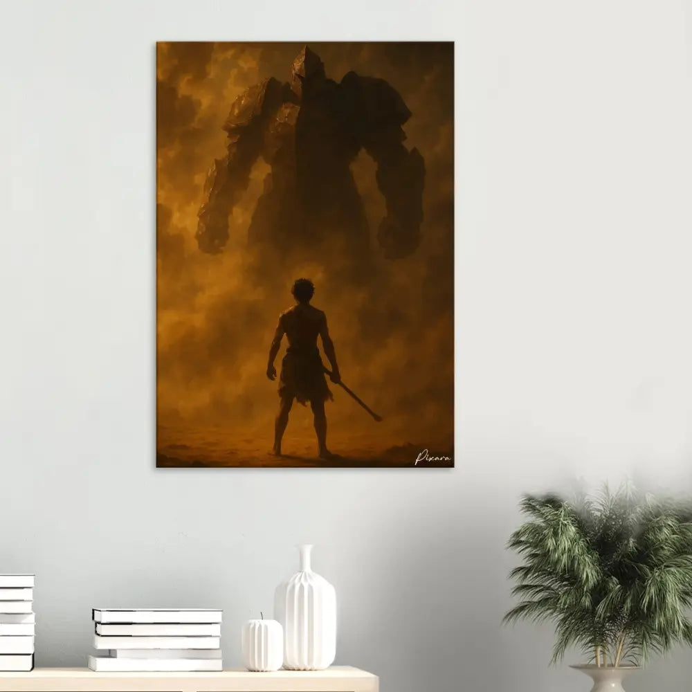 Une impression sur toile rectangulaire représentant une silhouette solitaire se tenant devant un géant mécanique massif et ombragé sous un ciel aux teintes orangées.