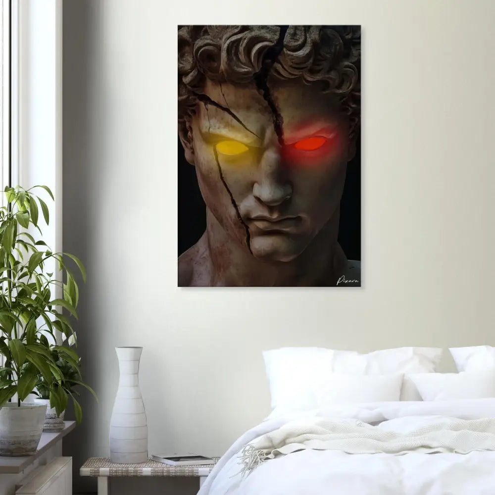 Une impression sur toile frappante mettant en scène une tête de statue en marbre classique fendue au milieu avec des yeux rouge et jaune luminescents, sur un fond sombre.