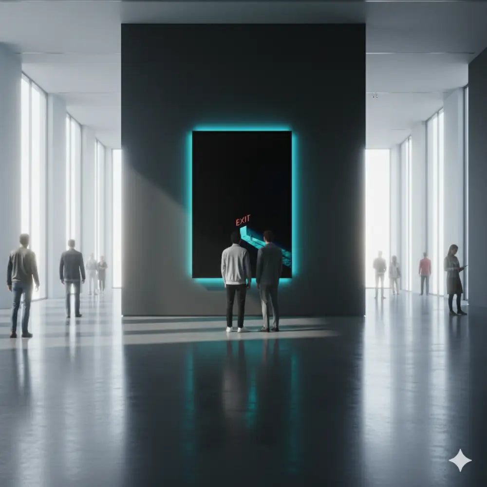 Un panneau de sortie rectangulaire illuminé d’un éclat turquoise avec le texte ’sortie’ en rouge et un graphique d’escalier illuminé, monté sur un mur sombre dans un couloir minimaliste.