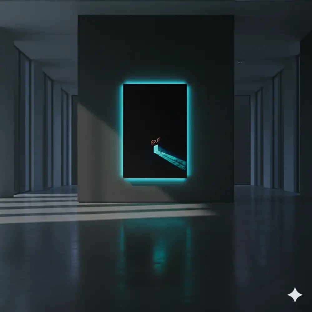 Une œuvre d’art numérique à cadre turquoise lumineux présentant un panneau de sortie minimaliste et un chemin éclairé sur un fond noir.