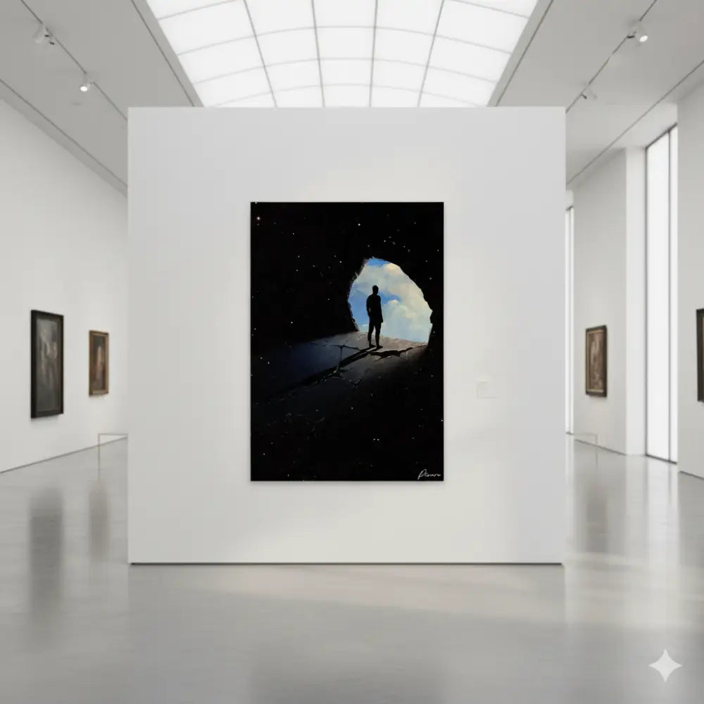 Une peinture sur toile noire représentant une figure solitaire debout en silhouette dans une grotte sombre, encadrée par une ouverture qui révèle un ciel bleu clair et des étoiles.