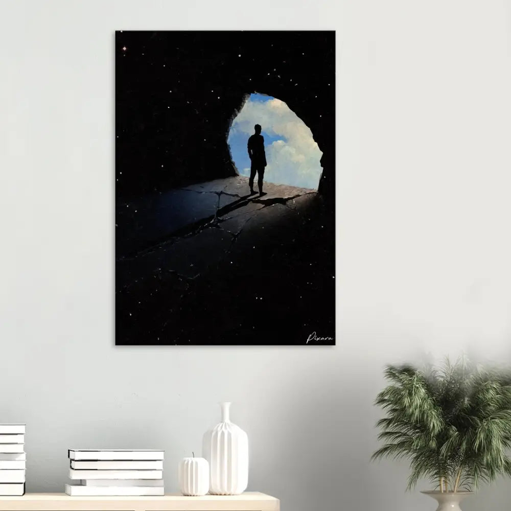 Art sur toile noire représentant la silhouette d’une personne debout à l’entrée d’une grotte, avec des étoiles visibles dans l’intérieur sombre et un ciel lumineux au-delà.