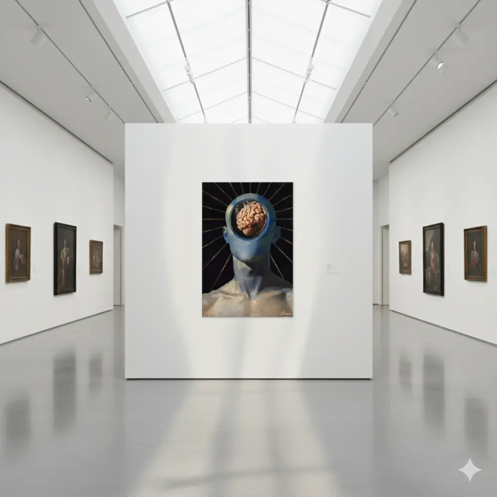 Une impression sur toile frappante représentant une figure humaine avec une tête bleue et un cerveau exposé sur un fond noir, encadrée dans un cadre de galerie minimaliste.