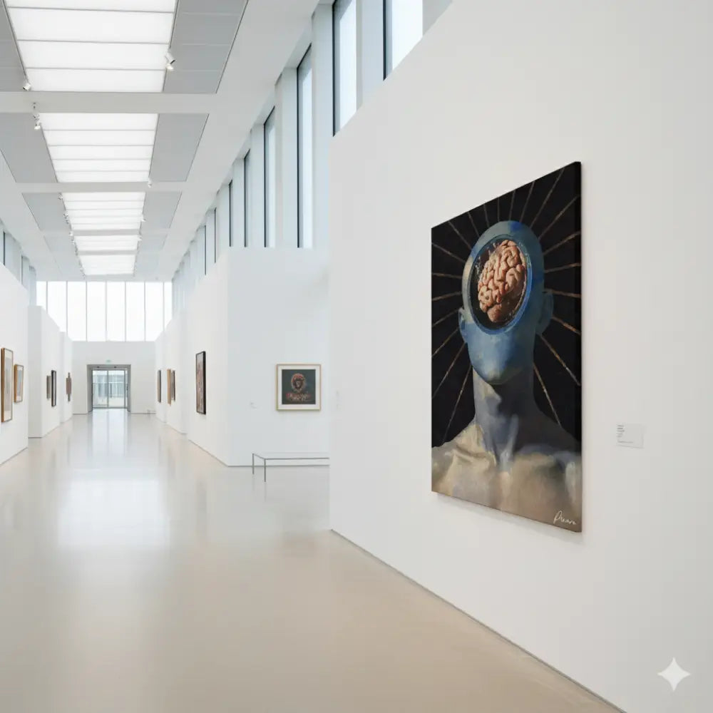 Une peinture à l’huile frappante sur toile présentant une tête humaine aux tons bleus avec un cerveau exposé et détaillé, sur fond sombre irradiant des lignes dorées.