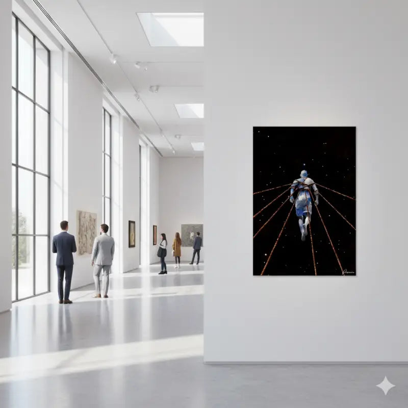 Une œuvre d’art numérique encadrée représentant une figure blindée bleue s’éloignant dans l’espace, entourée de lignes orange lumineuses sur un fond noir étoilé.