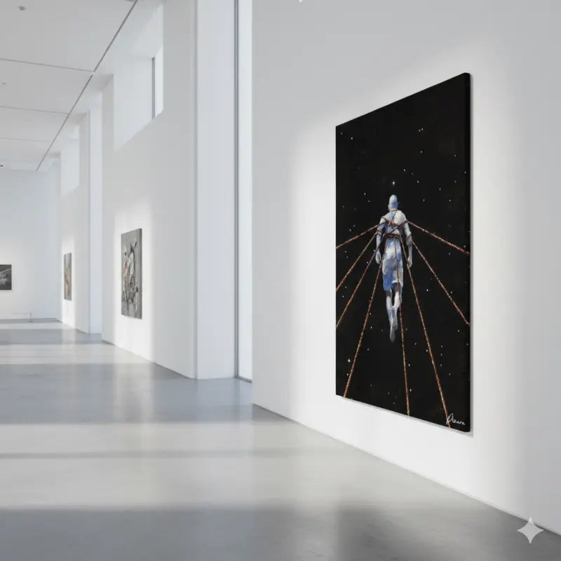Une peinture sur toile noire frappante représentant une figure en équipement spatial argenté et bleu s’éloignant à travers un cosmos rempli d’étoiles, encadrée par des lignes dorées rayonnantes s’étendant du centre.